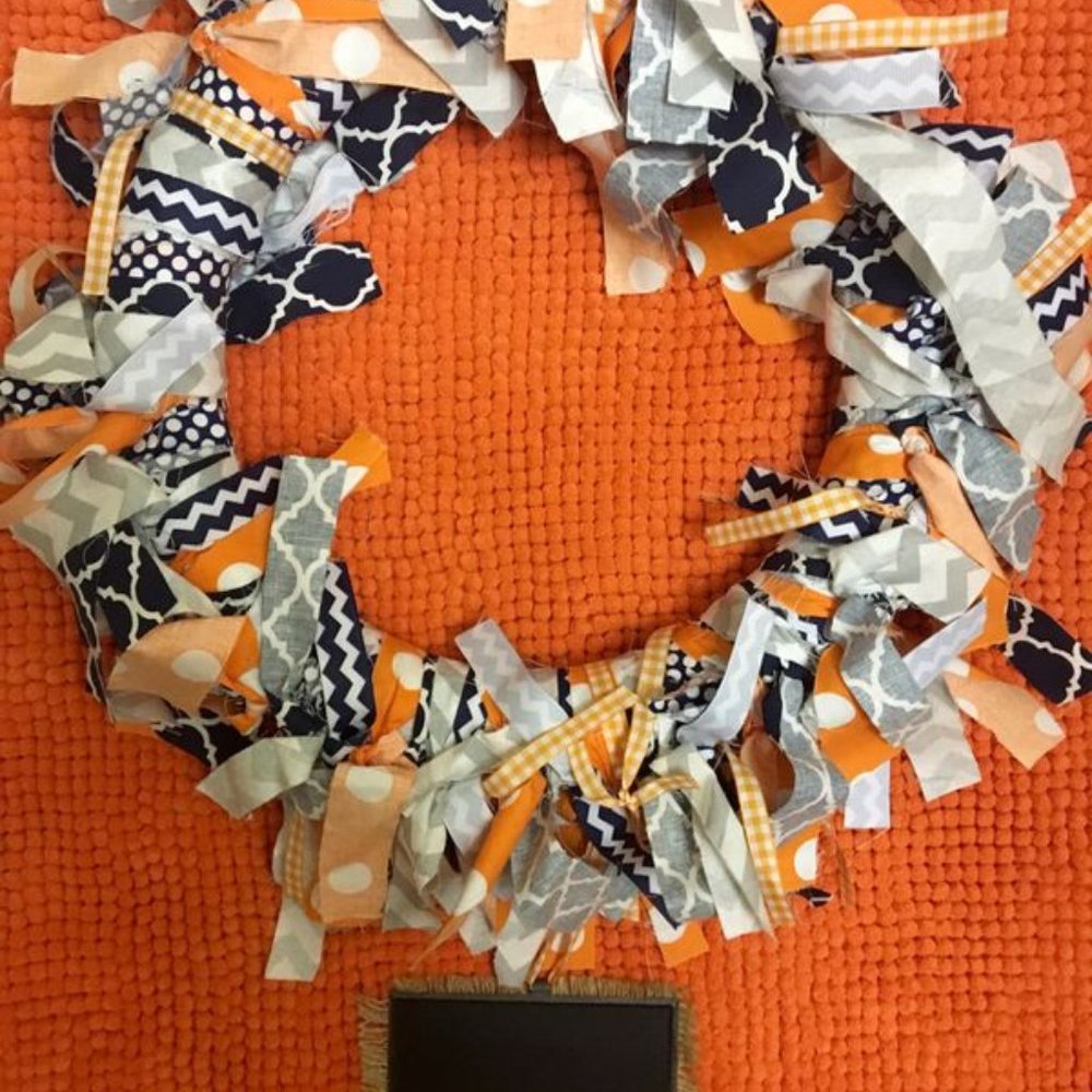 ORANGE AND BLUE FABRIC TIED WREATH
